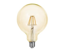 V-TAC G125 LED kultrådspære med E27 fatning og ravfarvet glas, viser glødetrådene tydeligt.