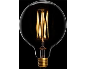 DANLAMP Mega Edison LED-lyskilde med E27-fatning og 2200 K, vist forfra med rund glaskolbe og lysende filamenter.
