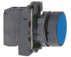 Schneider Electric trykknap, blå, 22mm diameter, 1NO kontakt, set fra siden, viser monteringsdetaljer.