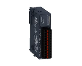 Sidebillede af Schneider Electric TM3-modul med tydelige mærkater for indgange og udgange, samt en klar indikation af fjederklemmeterminalerne.