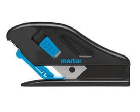 Martor Secumax Mobilex sikkerhedskniv i sort med blå detaljer, viser justerbar klippehøjde.