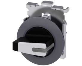 Siemens Sirius Act 30mm rund metal vælgerkontakt i mat hvid med sort greb og metalmonteringsring på hvid baggrund.