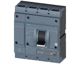 Siemens 3VA2 maksimalafbryder, 4-polet, 800A, grå, med sort drejehåndtag til ON/OFF og TRIP funktion samt synlige specifikationer.
