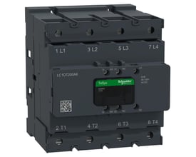 Schneider Electric TeSys Deca Advanced 4P kontaktor med 48-130V AC/DC spole, vist med mærket EHE og 1NO+1NC hjælpekontakter.