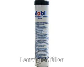 Mobilgrease FM 222 smørefedt i 0,4 kg tube med blåt og hvidt mærkat og sort låg, velegnet til fødevareforarbejdningsmaskiner.