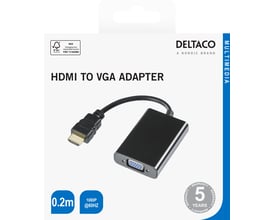 Deltaco HDMI til VGA-adapter med kort sort kabel og HDMI-stik, vist på emballagen.