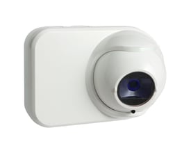 Schneider Electric OSI-90 modtager med 80 graders dækning, hvid plast. Viser modtagerens linse og monteringsdetaljer.