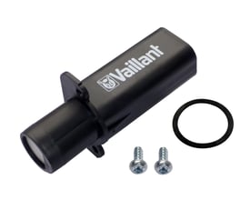 Vaillant ecoTEC CO-sensor i sort med monteringsflange, pakningsring og to skruer.