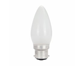 SpectrumLED stearinlyspære med B22d-fatning, 40 W og 230 V, med aflang, lys kuppel og metalfatning.