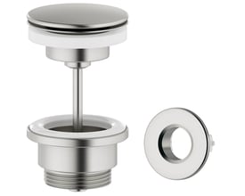 Damixa push-up bundventil i Steel (PVD) messing med 63 mm diameter og 1 1/4" gevind, vist med overløb på hvid baggrund.