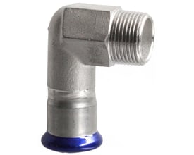 Unico 90-graders overgangsvinkel i rustfrit stål med 18mm presmuffe og 1/2" udvendigt gevind på hvid baggrund.