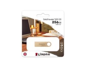 Kingston DataTraveler SE9 G3 256GB USB-stick i guldfarvet metal på emballage med laptop og papirarbejde.