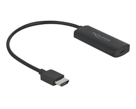 Sort DeLock-videoadapter med HDMI-A-hanstik og USB Type-C-hunstik, vist med det korte kabel lagt i en bue.