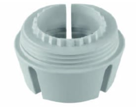 Detaljeret billede af IMI Danfoss RA-ventil adapter i grå plast, der viser den indvendige gevind og ydre spor.