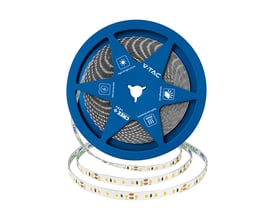 V-TAC 10m LED lysliste med 120 Cree chips pr. meter, 6500K, på en blå spole med produktinformation.