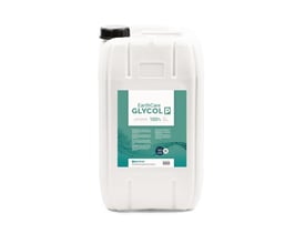 Hvid dunk med sort låg og grøn etiket med EarthCare monopropylenglykol, 100 % koncentration og 25 l.