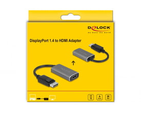 Emballage for Delock DisplayPort 1.4 til HDMI adapter med 8K HDR, viser adapteren og tilslutningsmuligheder.