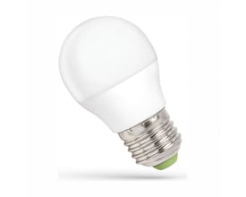 SpectrumLED dæmpbar LED-kronepære med E27-fatning og matteret G45-glaskuppel, vist skråt med metalsoklen synlig.
