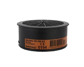 Sundström SR298 AX gasfilter i sort plast med orange mærkat, viser modelnummer og certificeringer.