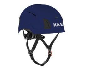 Kask Zenith X Max Air sikkerhedshjelm i blå med sort hagerem og justeringsstropper, set skråt forfra.