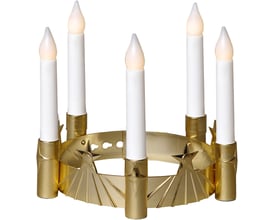 Star Trading Luciakrone i guld med 5 hvide lysholdere og detaljer, fremstillet af plast, klar til batteridrift.