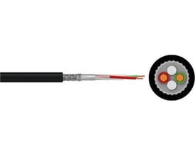 Profibus PA kabel i sort med synlig konstruktion: skærm, isolerede ledere i rød og grøn, samt to hvide fyldelementer.