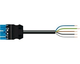 Nærbillede af WAGO WINSTA® MIDI tilslutningskabel, viser den blå hanstik med mærkninger og fem fritlagte ledere.