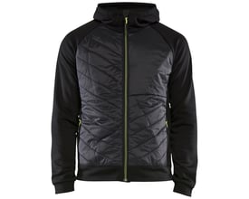 Blåkläder Hybrid sweatshirt i sort med quiltet front og neon-gule lynlåse, størrelse S.