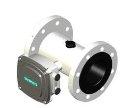 3D-rendering af Siemens flowmåler MAG5100W med DN65 flange og grå EPDM-foring, PN16, med signalkonverter MAG 5000 monteret.