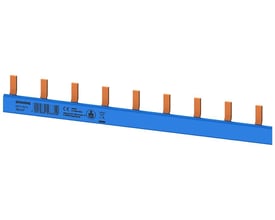 Siemens PIN samleskinne blå, 10mm², 1000mm lang med kobberfarvede stifter på et hvidt baggrund.