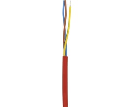 Silikonekabel med 2 ledere i brun og blå, samt gul/grøn, med en rødbrun yderkappe. Kablerne er 1,5 mm² og beregnet til høje temperaturer.