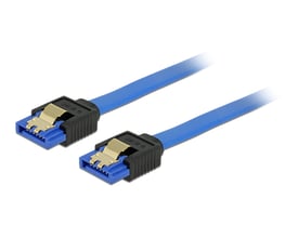 Blåt Delock SATA-kabel på 20 cm med lige 7-pin-hunstik og metalclips, vist med begge stik synlige.