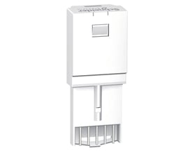 Schneider Electric hukommelseskort CCT15861 til ITM ur Acti 9, hvid plastmodel set fra siden med logo tydeligt på toppen.