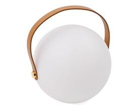 Hvid opladelig RGB LED-bordlampe med rund skærm, buet brunt bærehåndtag og gyldne beslag.