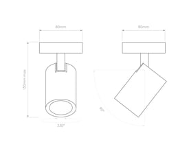 Teknisk tegning af Astro Ascoli Single spot, viser dimensioner 130mm højde, 80mm bredde og dybde samt kipvinkel.