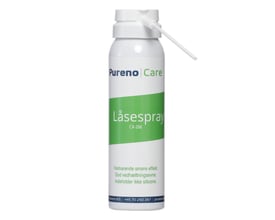 Ren dåse med Pureno Care låsespray, hvid med grøn og sort tekst, samt en hvid dyse og rør til præcis påføring af spray.
