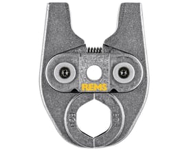 Detaljeret billede af REMS pressbakke mini M for 28 mm rør, viser M28 markering og præcisionsbearbejdede dele.