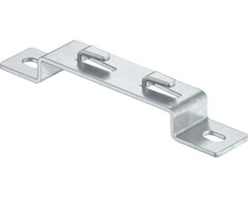 Nærbillede af OBO Bettermann vægbøjle DBLG20, viser monteringsflige og perforerede ender for montering.