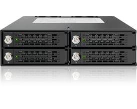 Sort ICY DOCK ToughArmor MB994SK-1B internt kabinet til fire 2,5-tommers SSD- eller SATA-harddiske, set forfra.