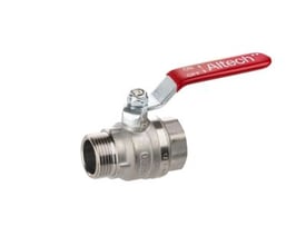 TEA kuglehane i messing med 1 1/4 gevind og rødt "Altech" håndtag.  Måler 1 1/4 tomme.