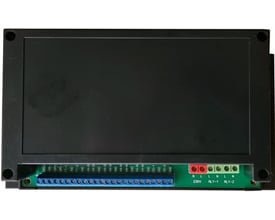 Sawux HVAC-CTL kontrolboks og regulator set forfra med stor mørk flade og synlige tilslutningsklemmer nederst.