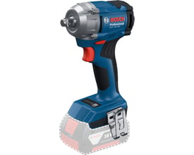 Bosch GDS 18V-350 slagnøgle set skråt forfra med markering af batteriets placering.