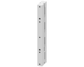 Siemens 8US1 samleskinne i plast, 60mm system, 4-polet holder med synlige huller og spor til montering.