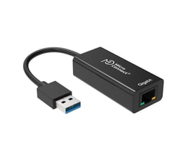MicroConnect USB 3.0 til Gigabit Ethernet-adapter i sort med kort kabel, USB-A-stik og RJ45-netværksport.