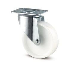 Nærbillede af Tente transporthjul med 200mm nylonhjul, drejelig gaffel og firkantet monteringsplade, viser detaljer.