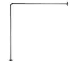 Hefe modulær badeforhængsstang i rustfrit stål med blank krom finish, monteret med beslag på hvid baggrund.