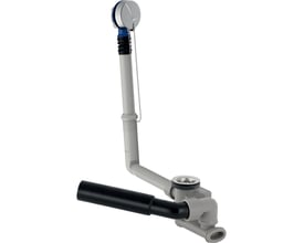 Geberit afløbsgarniture til badekar med forkromet prop og overløb, fremstillet af slidstærkt plastikmateriale og metal.