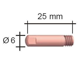 Teknisk tegning af Abicor Binzel kontaktdyse med angivelse af mål: 25 mm længde og 6 mm ydre diameter.