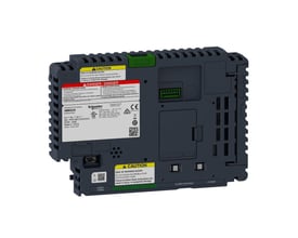 Bagside af Schneider Electric HMIG3X HMI-boks med detaljerede mærkater, USB-porte og netværksforbindelser.