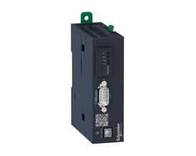 Schneider Electric TMSCO1 smart modul med CANopen port, vist fra siden med tydelige indikatorlys og SubD9 stik.